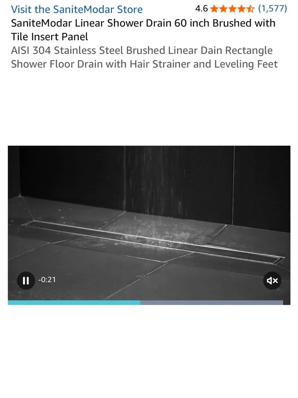 SaniteModar Linear Shower Drain 60” Brushed with Tile insert panel - Black